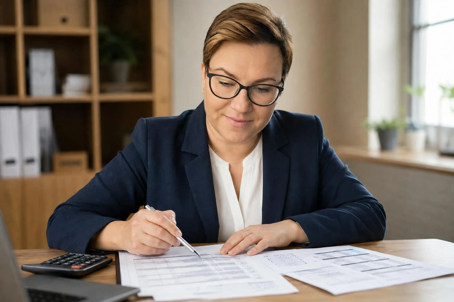 Małgorzata w okularach i granatowej marynarce analizuje i podpisuje dokumenty przy biurku